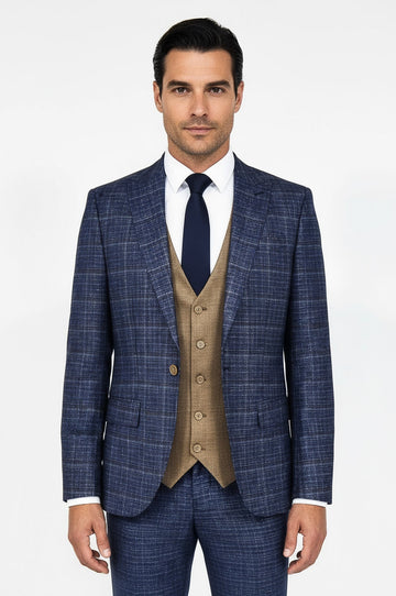Men's Midnight Blue Windowpane Check 3-Piece Slim Fit Combination Suit