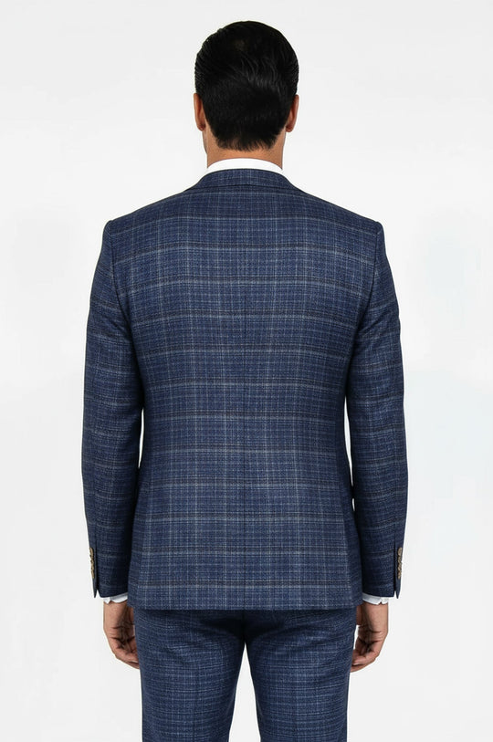Men's Midnight Blue Windowpane Check 3-Piece Slim Fit Combination Suit