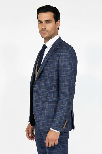 Men's Midnight Blue Windowpane Check 3-Piece Slim Fit Combination Suit