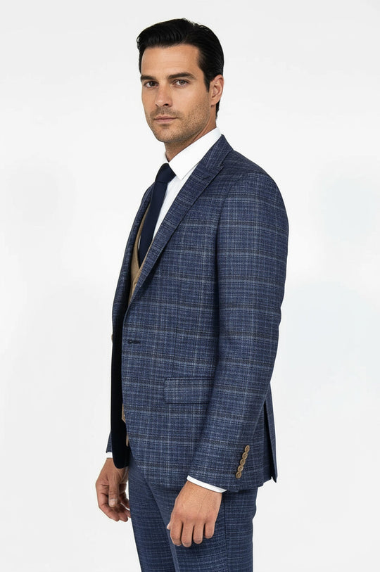 Men's Midnight Blue Windowpane Check 3-Piece Slim Fit Combination Suit