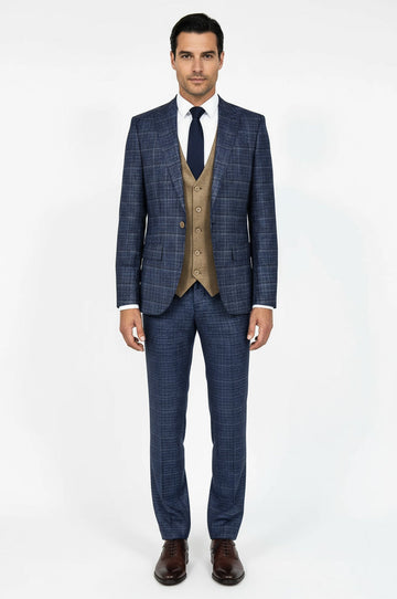 Men's Midnight Blue Windowpane Check 3-Piece Slim Fit Combination Suit