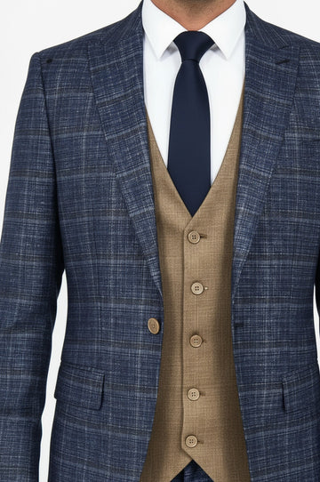 Men's Midnight Blue Windowpane Check 3-Piece Slim Fit Combination Suit