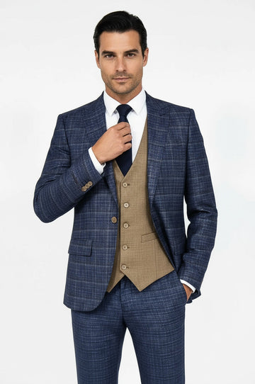 Men's Midnight Blue Windowpane Check 3-Piece Slim Fit Combination Suit