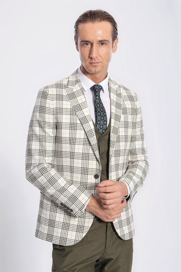 Men's Cream & Olive Green Bold Windowpane Check 3-Piece Slim Fit Combination Suit