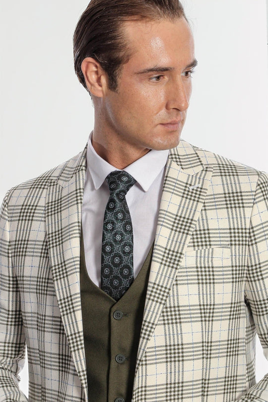 Men's Cream & Olive Green Bold Windowpane Check 3-Piece Slim Fit Combination Suit