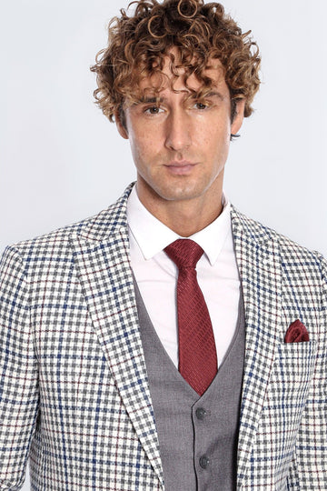 Men's Platinum Grey High Contrast Plaid 3-Piece Slim Fit Combination Suit