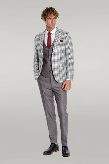 Men's Platinum Grey High Contrast Plaid 3-Piece Slim Fit Combination Suit