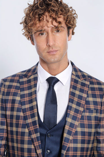 Men's Heritage Navy & Amber Multi-Check 3-Piece Slim Fit Combination Suit
