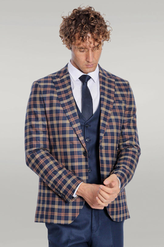 Men's Heritage Navy & Amber Multi-Check 3-Piece Slim Fit Combination Suit