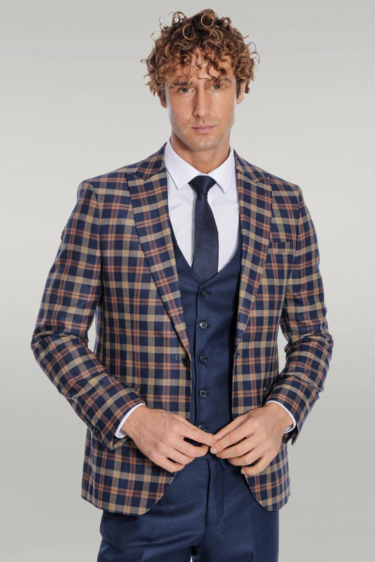 Men's Heritage Navy & Amber Multi-Check 3-Piece Slim Fit Combination Suit