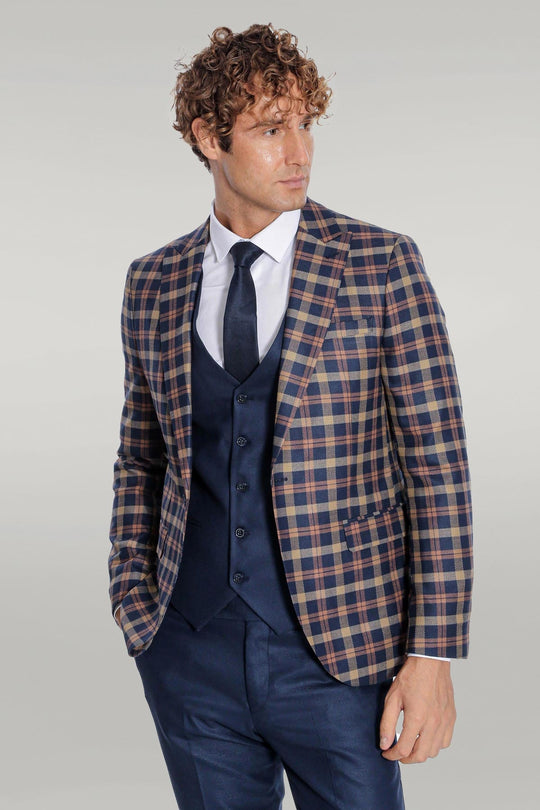 Men's Heritage Navy & Amber Multi-Check 3-Piece Slim Fit Combination Suit
