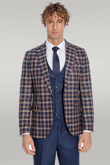Men's Heritage Navy & Amber Multi-Check 3-Piece Slim Fit Combination Suit