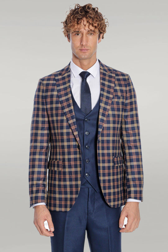 Men's Heritage Navy & Amber Multi-Check 3-Piece Slim Fit Combination Suit