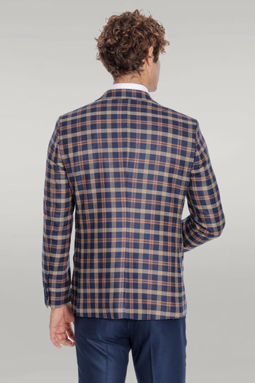 Men's Heritage Navy & Amber Multi-Check 3-Piece Slim Fit Combination Suit