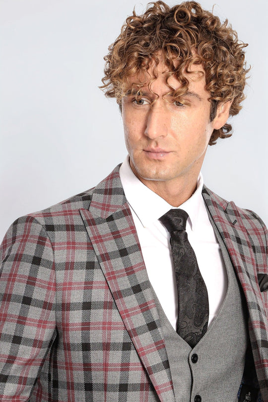 Men's Steel Grey & Crimson Plaid 3-Piece Slim Fit Combination Suit