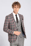 Men's Steel Grey & Crimson Plaid 3-Piece Slim Fit Combination Suit