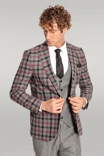Men's Steel Grey & Crimson Plaid 3-Piece Slim Fit Combination Suit