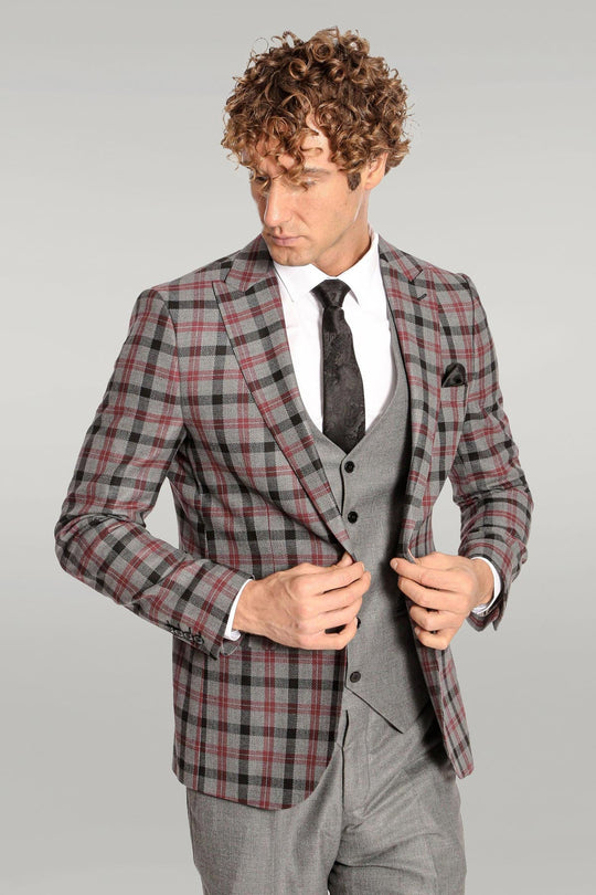 Men's Steel Grey & Crimson Plaid 3-Piece Slim Fit Combination Suit