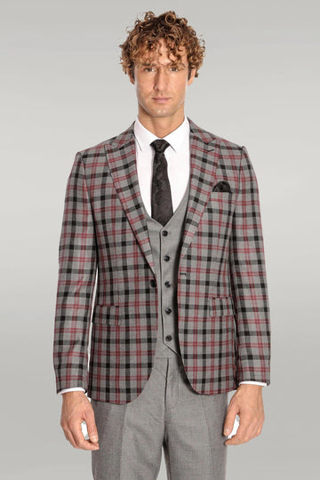 Men's Steel Grey & Crimson Plaid 3-Piece Slim Fit Combination Suit