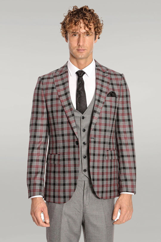 Men's Steel Grey & Crimson Plaid 3-Piece Slim Fit Combination Suit