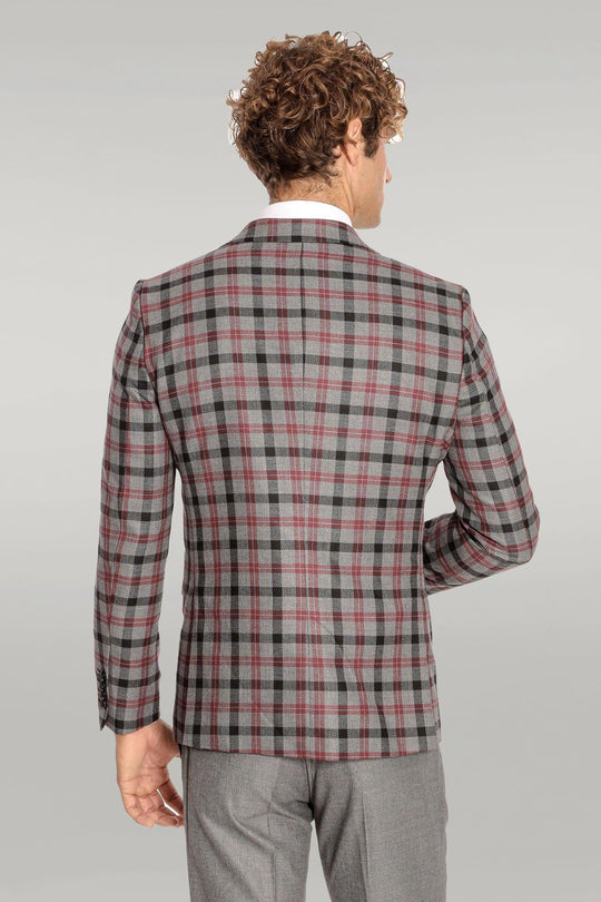 Men's Steel Grey & Crimson Plaid 3-Piece Slim Fit Combination Suit