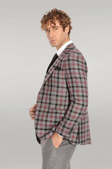 Men's Steel Grey & Crimson Plaid 3-Piece Slim Fit Combination Suit