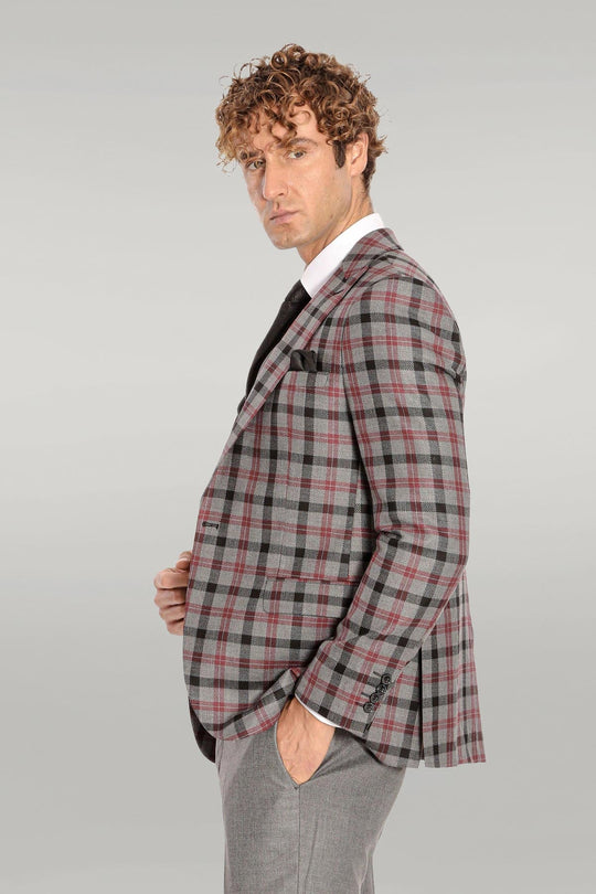 Men's Steel Grey & Crimson Plaid 3-Piece Slim Fit Combination Suit