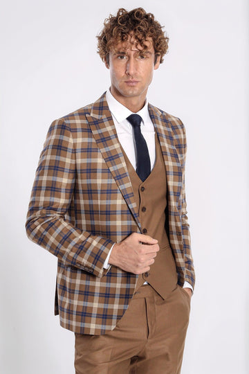 Men's Caramel Brown Multi-Check 3-Piece Slim Fit Combination Suit