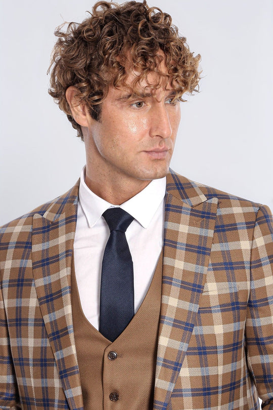 Men's Caramel Brown Multi-Check 3-Piece Slim Fit Combination Suit