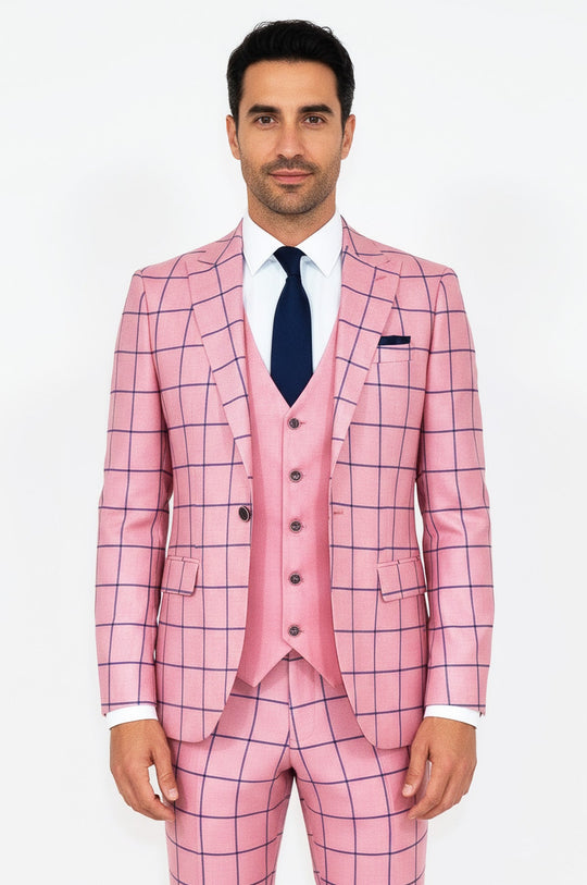 Men's Pink Windowpane Check 3-Piece Slim Fit Suit with Tailored Waistcoat