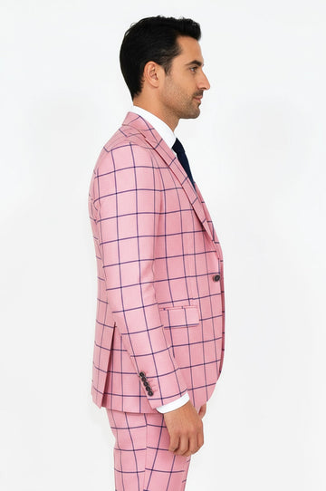 Men's Pink Windowpane Check 3-Piece Slim Fit Suit with Tailored Waistcoat