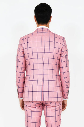 Men's Pink Windowpane Check 3-Piece Slim Fit Suit with Tailored Waistcoat