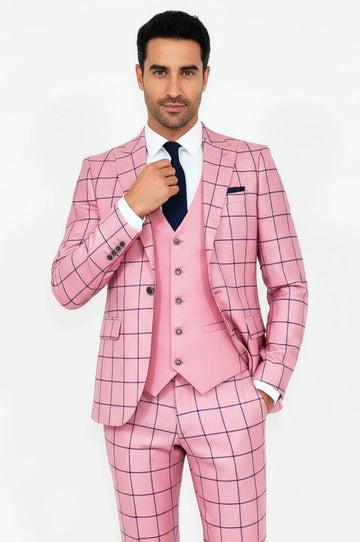 Men's Pink Windowpane Check 3-Piece Slim Fit Suit with Tailored Waistcoat