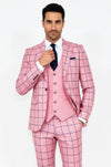 Men's Pink Windowpane Check 3-Piece Slim Fit Suit with Tailored Waistcoat
