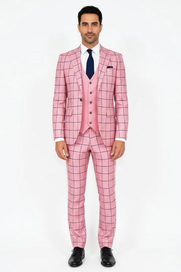Men's Pink Windowpane Check 3-Piece Slim Fit Suit with Tailored Waistcoat