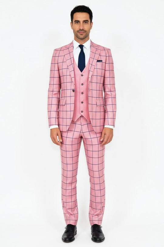 Men's Pink Windowpane Check 3-Piece Slim Fit Suit with Tailored Waistcoat