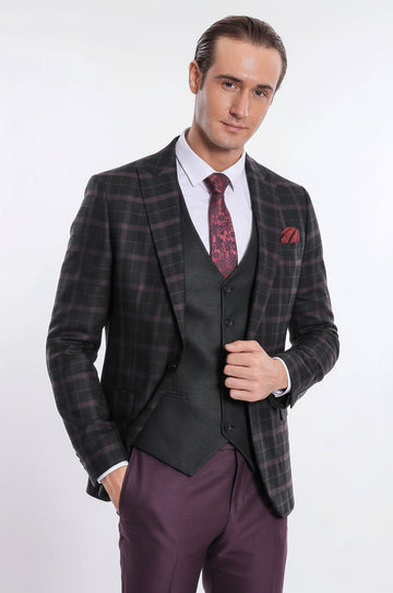 Men's Midnight Plum & Black Check 3-Piece Slim Fit Combination Suit