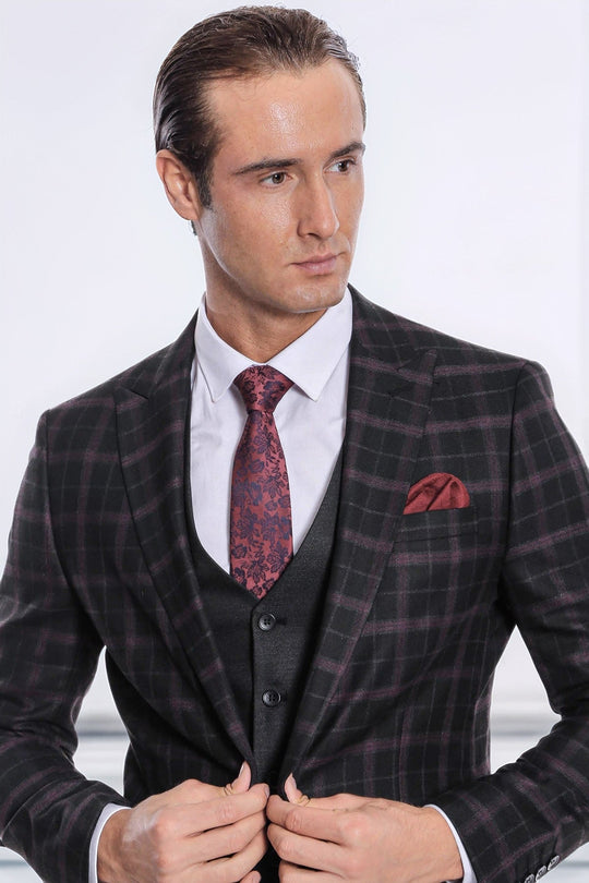 Men's Midnight Plum & Black Check 3-Piece Slim Fit Combination Suit