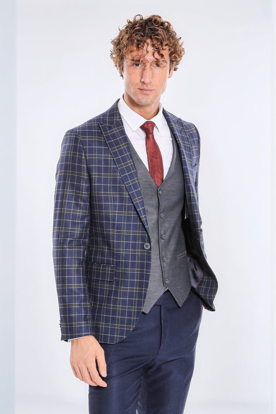 Men's Navy Blue Windowpane Check 3-Piece Slim Fit Combination Suit