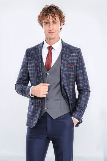 Men's Navy Blue Windowpane Check 3-Piece Slim Fit Combination Suit