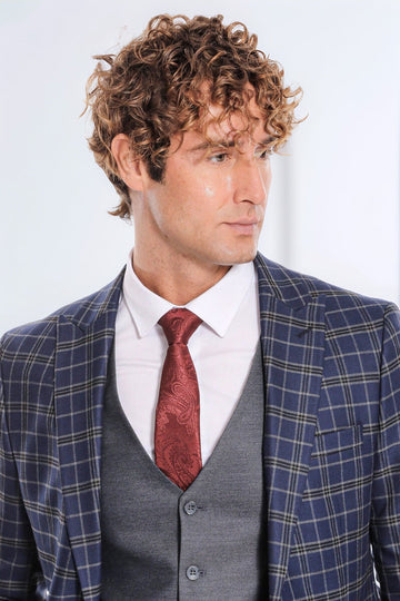 Men's Navy Blue Windowpane Check 3-Piece Slim Fit Combination Suit