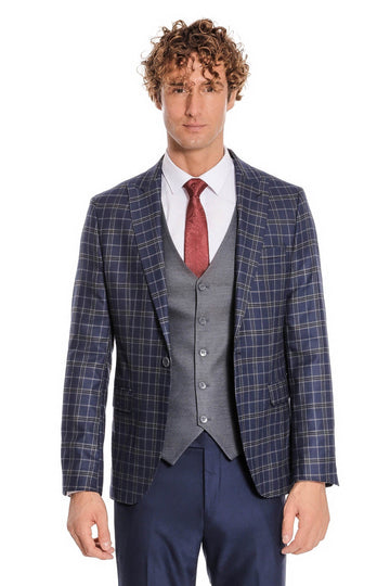 Men's Navy Blue Windowpane Check 3-Piece Slim Fit Combination Suit