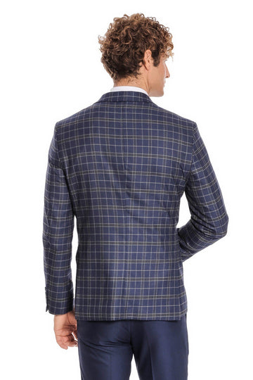 Men's Navy Blue Windowpane Check 3-Piece Slim Fit Combination Suit