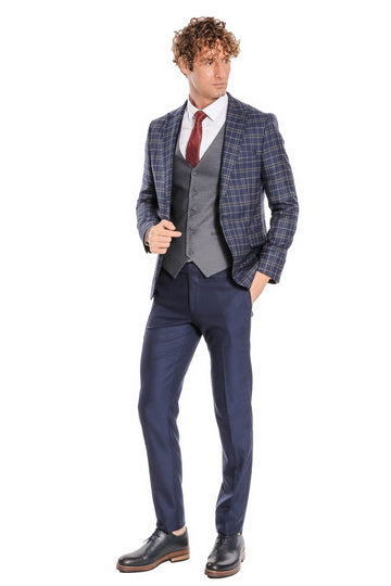 Men's Navy Blue Windowpane Check 3-Piece Slim Fit Combination Suit