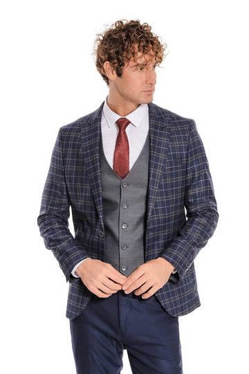 Men's Navy Blue Windowpane Check 3-Piece Slim Fit Combination Suit