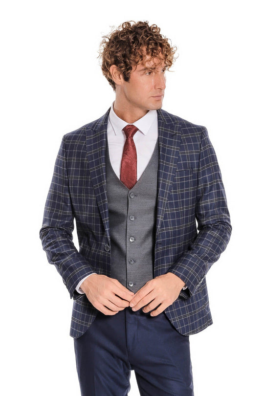 Men's Navy Blue Windowpane Check 3-Piece Slim Fit Combination Suit