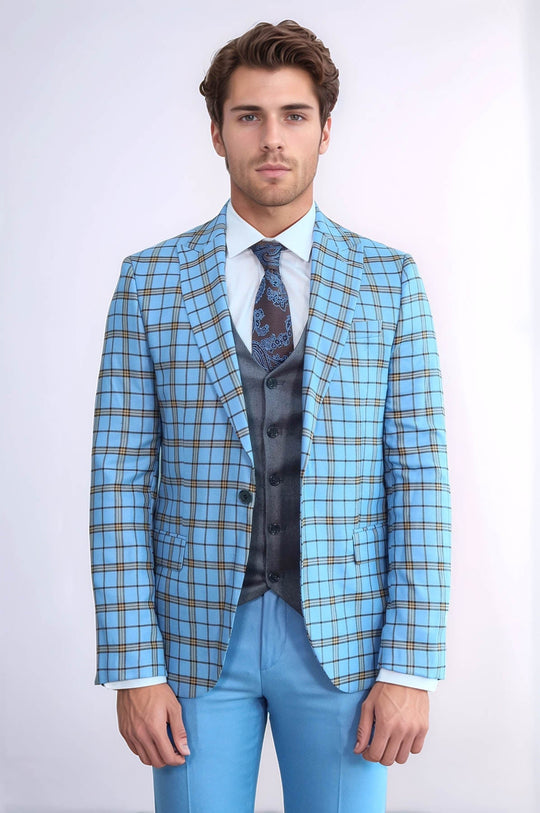 Men's Azure Blue Windowpane Check 3-Piece Slim Fit Combination Suit