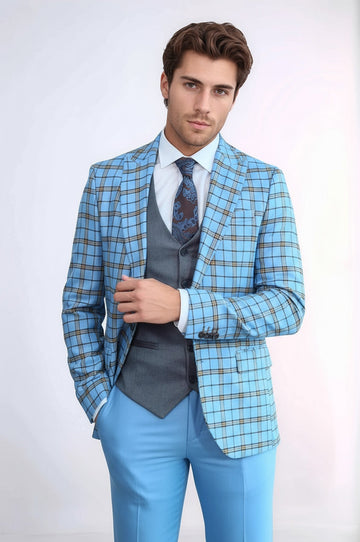 Men's Azure Blue Windowpane Check 3-Piece Slim Fit Combination Suit