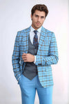 Men's Azure Blue Windowpane Check 3-Piece Slim Fit Combination Suit