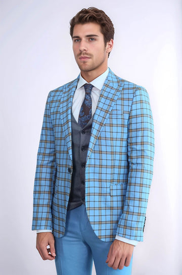 Men's Azure Blue Windowpane Check 3-Piece Slim Fit Combination Suit